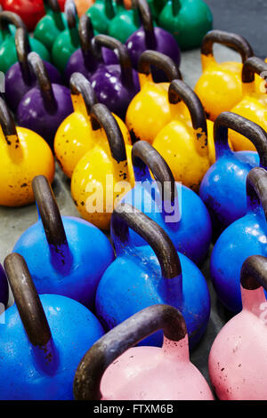 Close-up of Multi-colored kettlebell weights Stock Photo
