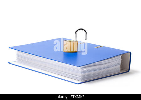 Open metal padlock put on a carton folder on white background. Stock Photo