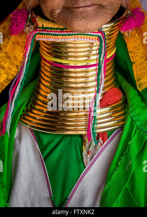 Padaung Tribe's Woman wearing golden rings around neck Stock Photo