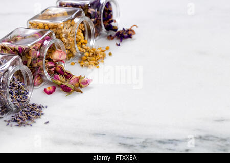Front view of herbs and spices in glass jars spilling onto white marble stone. Selective focus on second jar with rose buds. Stock Photo