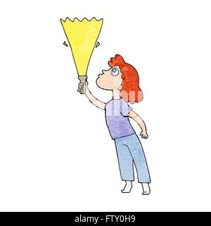 freehand textured cartoon woman searching with torch Stock Vector