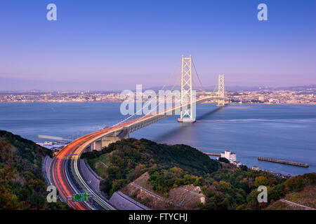 Akashi Kaikyo Bridge spanning the Seto Inland Sea from Kobe, Japan. Stock Photo