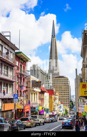 SAN FRANCISCO, CALIFORNIA: MARCH 6, 2016: Chinatown district of San Francisco towards the Transamerica Building. Stock Photo