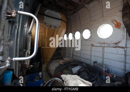 Kazakhstan, Kazakistan, Asia, inside of the landed agriculture airplane, biplane, different agriculture tools. Stock Photo