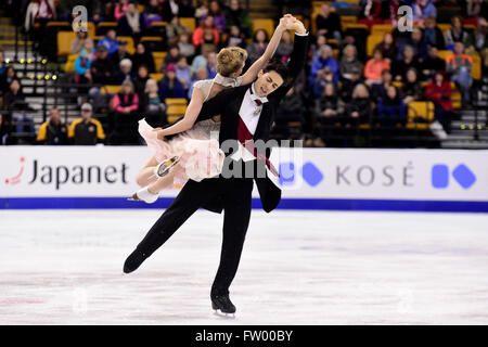 Boston, Massachusetts, USA. 30th March, 2016. Kaitlyn Weaver and Andrew Poje (CAN) skate in the short dance event at the International Skating Union World Championship held at TD Garden, in Boston, Massachusetts. Credit:  Cal Sport Media/Alamy Live News Stock Photo