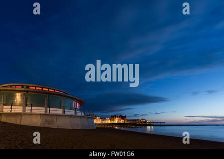 The new 2016 bandstand of Aberystwyth photographed here with a long exposure at blue hour Credit:  Ian Jones/Alamy Live News Stock Photo