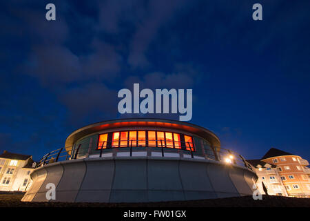 The new 2016 bandstand of Aberystwyth photographed here with a long exposure at blue hour Credit:  Ian Jones/Alamy Live News Stock Photo