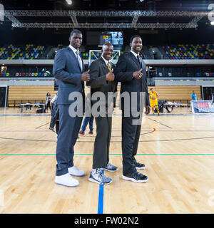 London, UK. 30th March 2016. London Lions coaches Laurent Irish (left), Nigel Lloyd (head coach, middle) and Richard Youngblood (right) smile and joke around after the London Lions vs. Cheshire Phoenix  BBL game at the Copper Box Arena in the Olympic Park. London Lions win 79-69 Credit:  Imageplotter News and Sports/Alamy Live News Stock Photo
