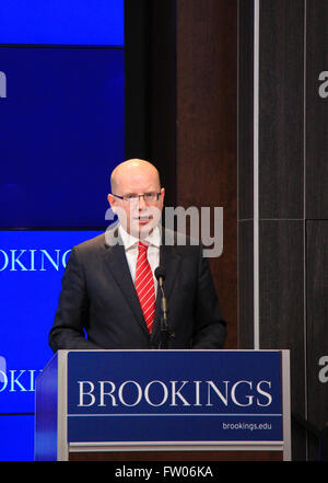 Washington, United States. 31st Mar, 2016. Czech Prime Minister Bohuslav Sobotka gives a speech in the prestigious think-tank Brookings Institution in Washington, USA, March 31, 2016. © Martin Weiser/CTK Photo/Alamy Live News Stock Photo