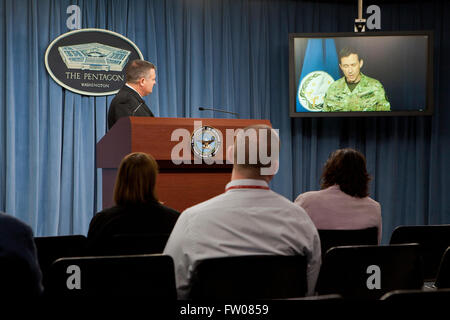 Thursday, March 30, 2016, Washington, DC USA: United Kingdom Maj. Gen. Doug Chalmers, deputy commander, Strategy and Sustainment (S&S) Combined Joint Task Force - Operation Inherent Resolve, briefs media via live video from Southeast Asia to provide an update on operations. Credit:  B Christopher/Alamy Live News Stock Photo