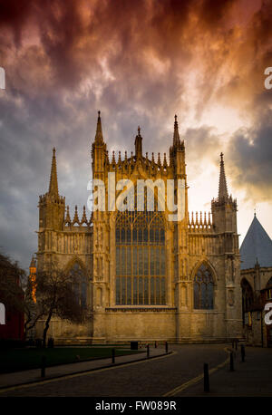 York, UK. 31st March, 2016. Sunset at York Minster after completion of a £20M restoration project on the East Window. The scheme, said to be one of the largest restoration projects of its kind in Europe, included work to restore the cathedral's 600-year-old East Front and Great East Window. The five-year project, which started in 2011, also saw the building of a new exhibition in the underground chambers. A £10.5m grant from the Heritage Lottery Fund supported the project.  Photo Bailey-Cooper Photography/Alamy Live News Stock Photo