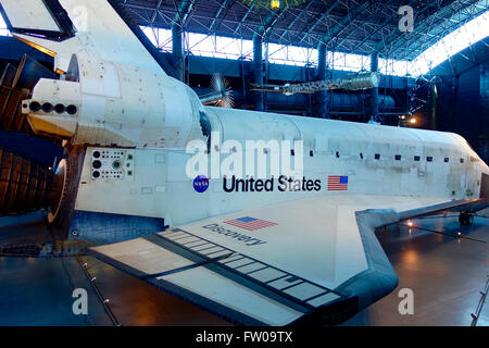 June 8, 2014: Space Shuttle Discovery on display in the James S. McDonnell Space Hangar at the Udvar-Hazy Center in Chantilly, VA Stock Photo