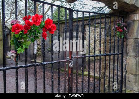 Gates in Greyfriars Cemetery in Edinburgh - behind these gates was the former historic Covenanters Prison. Stock Photo