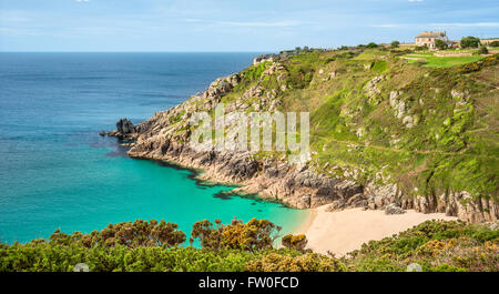 Panorama view over Porthcurno Beach at Minack Open Air Theatre, Cornwall, England, UK Stock Photo