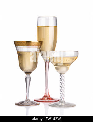 Three different champagne glasses between vintage and contemporary Stock Photo