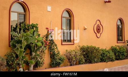 Simple Adobe Home with colorful exterior and arched windows Stock Photo