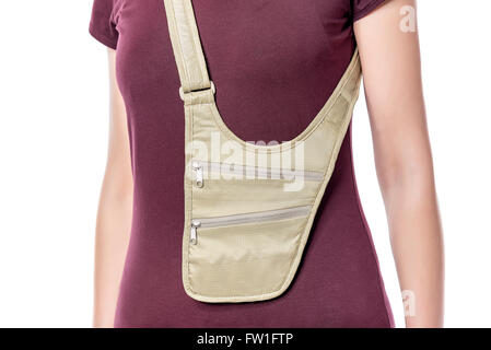Woman posing with money belt bag isolated on white. Stock Photo