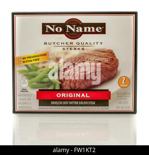 Winneconne, WI - 30 March 2016: Box of No Name butcher quality steaks in original flavor Stock Photo