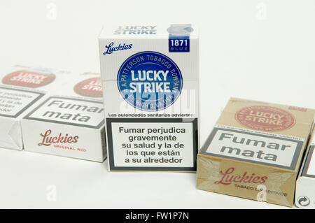 Selection of Lucky Strike Cigarettes on sale in a tobacconist. Stock Photo