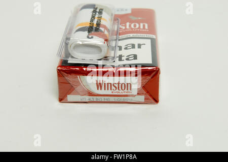 Winston Evolution Packet Cigarettes Tobacco with lighter Stock Photo