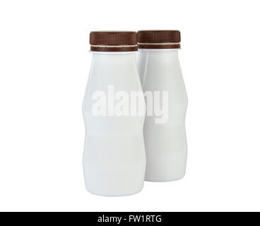 Two closed white plastic bottles with brown caps on white background Stock Photo
