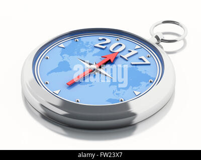 3D Illustration. Compass pointing 2017. New year concept. Isolated white background. Stock Photo