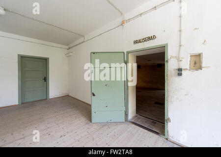 Entrance to the gas chamber (showers) in Dachau concentration camp Stock Photo