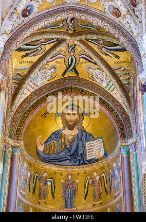 Christ Pantocrator mosaic in Byzantine style, presbyterium of Santissimo Salvatore Cathedral, Cefalù Cathedral, Cefalù Stock Photo