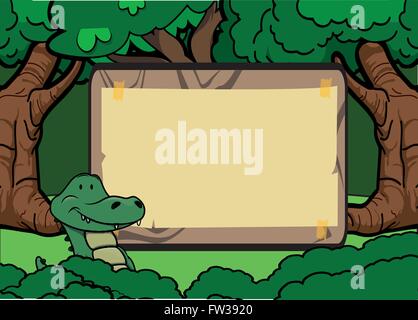 crocodile forest scene with wood banner Stock Vector