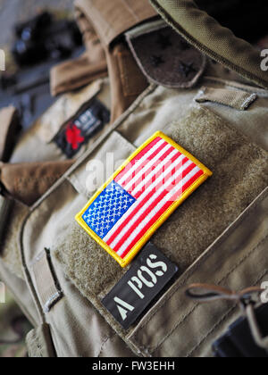 Los Angeles, CA, USA - January 24, 2016: LBT 6094A SLICK Plate Carrier with USA flag patch shallow depth of field Stock Photo