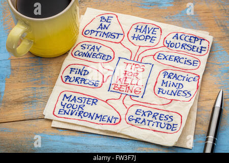tips for well-being - a napkin doodle with a cup of coffee Stock Photo