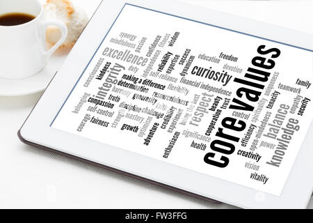 word cloud of possible core values on a digital tablet with a cup of coffee Stock Photo