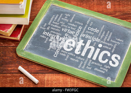 ethics and moral dilemma word cloud - white chalk text on  a slate blackboard with a stack of books Stock Photo