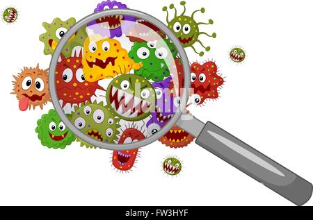 Cartoon bacteria under a magnifying glass Stock Vector