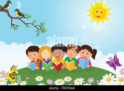 Happy children sitting on the grass while reading books Stock Vector