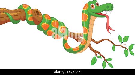 Cartoon green snake on branch Stock Vector