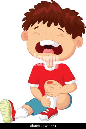 Cartoon boy crying with a scratch on his knee Stock Vector