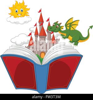 Fairy tale castle and flying dragon with red wings in wasteland ...