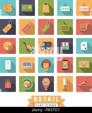 Flat design long shadow shopping and retail icons rounded squares Stock Vector