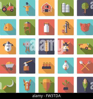 Flat design long shadow farming and agriculture icons in rounded squares Stock Vector
