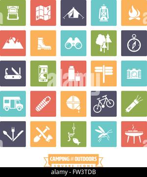 camping, hiking and outdoor pursuit glyph icons collection, negative in colored squares Stock Vector