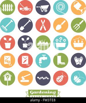 Gardening glyph icons, negative in colored circles Stock Vector