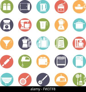 Kitchen and cooking related icons, negative in colored circles Stock Vector