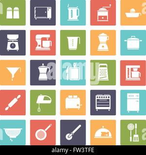 Kitchen and cooking related icons, negative in colored rounded squares Stock Vector