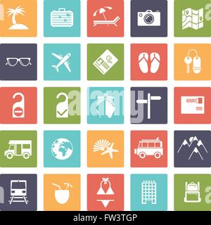 Travel and vacation glyph icons, negative in rounded squares Stock Vector