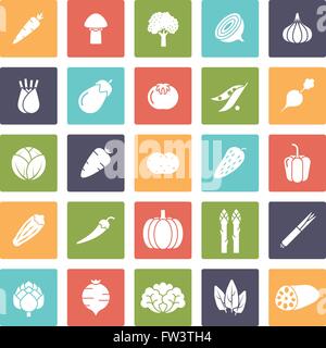Vegetable glyph icons, negative in colored squares Stock Vector