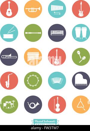 Musical Instruments Icons Set, negative in colored circles Stock Vector