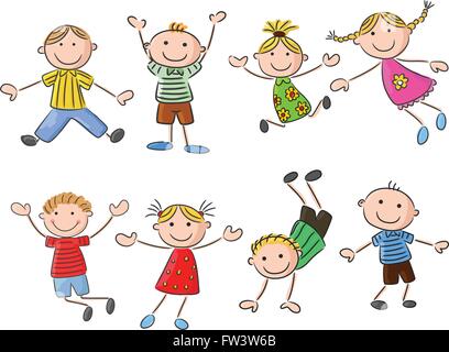 Many happy kid jumping and dancing together Stock Vector