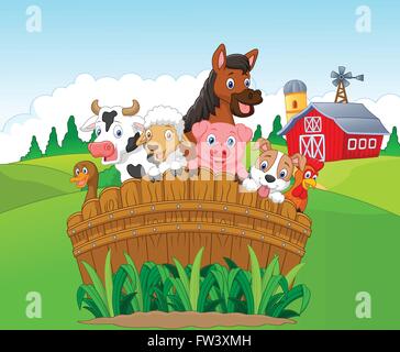 farm animals horse wooden fence flowers trees sun sky cartoon vector ...