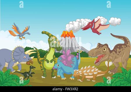 Collection dinosaur in the jungle Stock Vector